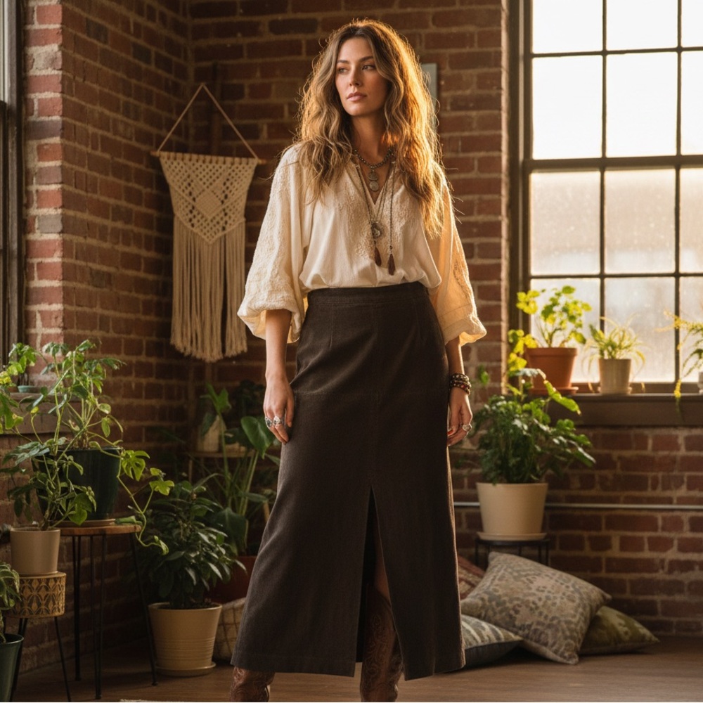 Snazzie Vintage Maxi Skirt forest green‎ faux Suede Textured 90s Boho Goth 12